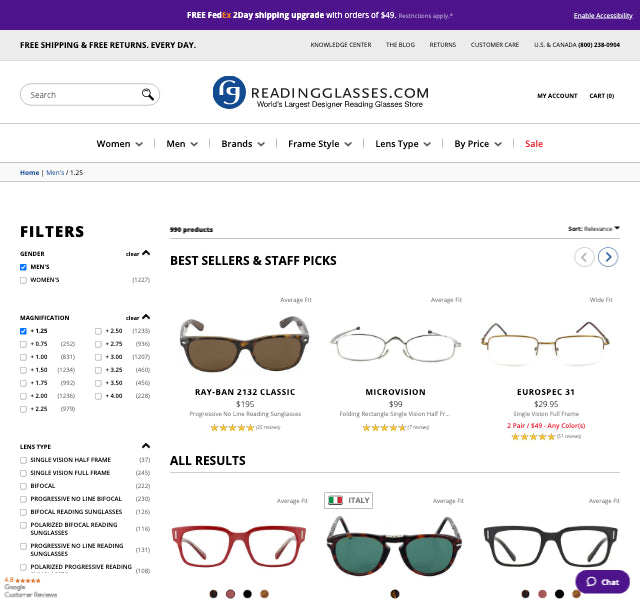 Men's +1.25 Reading Glasses and Sunglasses