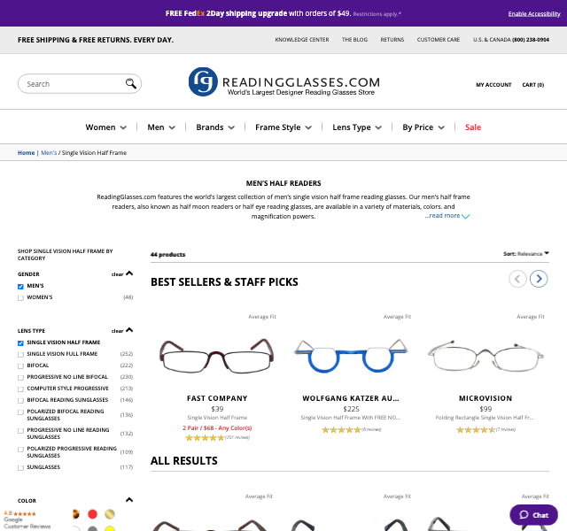 Men's Half Frame Reading Glasses