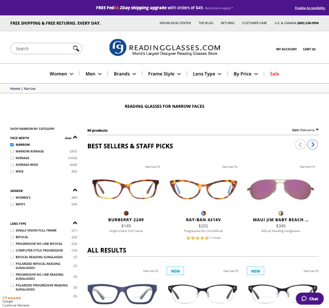 Narrow Width Reading Glasses