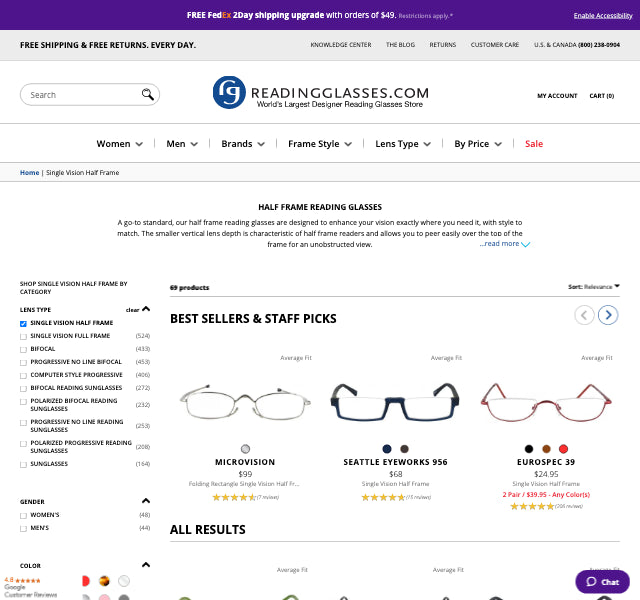 Half Frame Reading Glasses Half Rimmed Frames