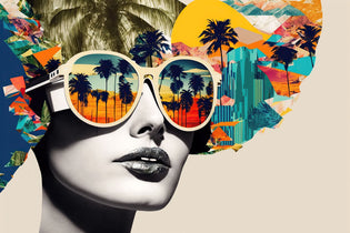 Young beautiful woman wearing big sunglasses. Creative 60s retro background
