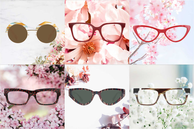 Spring Trends collections. 6 various readers and reading sunglasses on nature backgrounds.